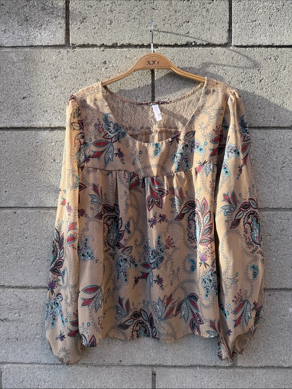Women's Beige Paisley Long-Sleeve Blouse